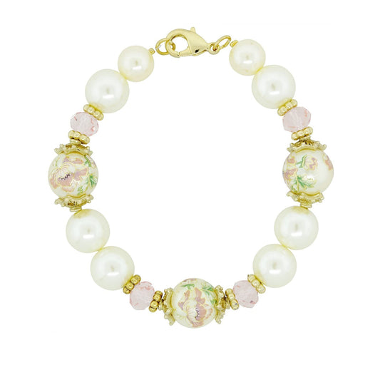 1928 Jewelry Women's Gold Tone Flower Decal Faux Pearl Pink Crystal Bracelet