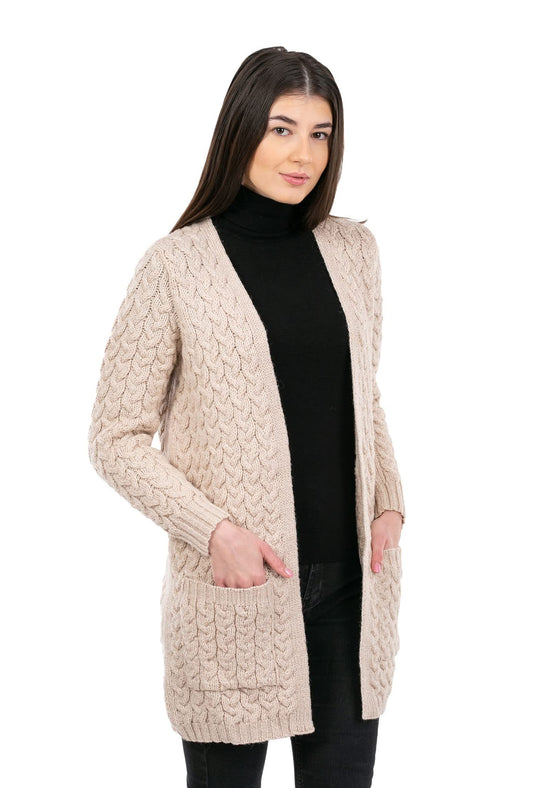 SAOL Aran Coat for Women - Irish Open Front Fisherman Cardigan with Pockets - Merino Wool Made in Ireland