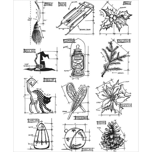 Stampers Anonymous Tim Holtz Cling Rubber Stamp Set, 7 by 8.5, Inch, Mini Blueprints #7