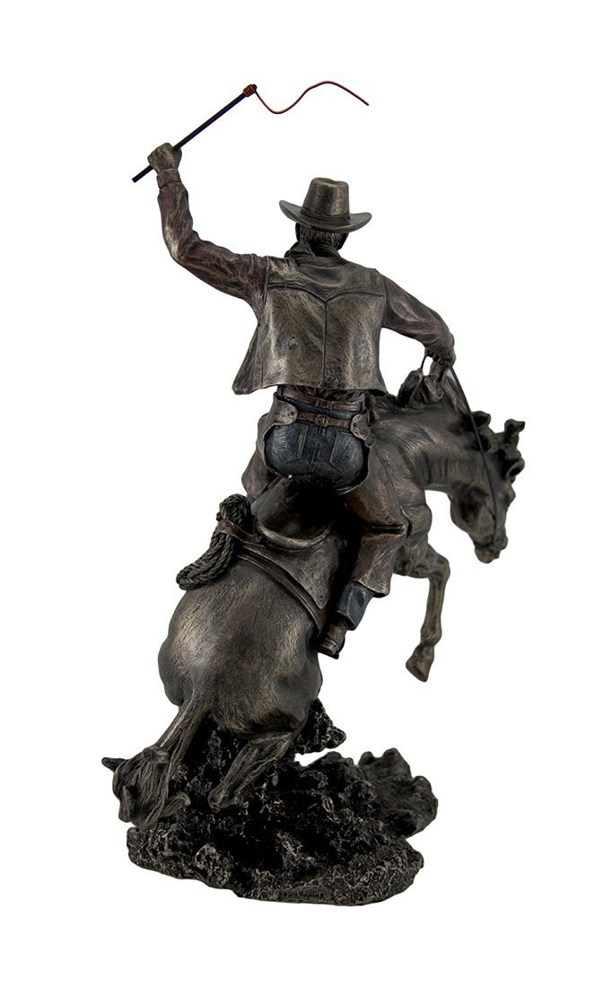 Resin Statues Bronzed Rodeo Cowboy And Bucking Bronco Statue 13 Inches Tall 9 X 15.5 X 5.5 Inches Bronze