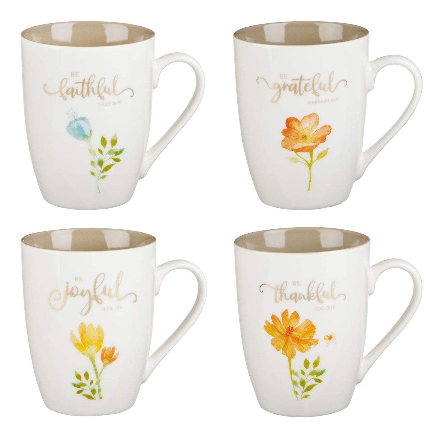 Christian Art Gifts Ceramic Coffee or Tea Mug Set for Women, Be Grateful, Faithful, Thankful, Joyful Bible Verse Mug Set, Boxed Set of 4 Coffee Cups