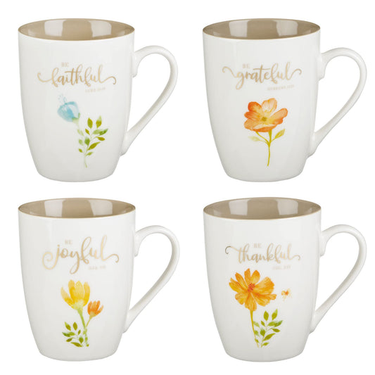 Christian Art Gifts Ceramic Coffee or Tea Mug Set for Women, Be Grateful, Faithful, Thankful, Joyful Bible Verse Mug Set, Boxed Set of 4 Coffee Cups