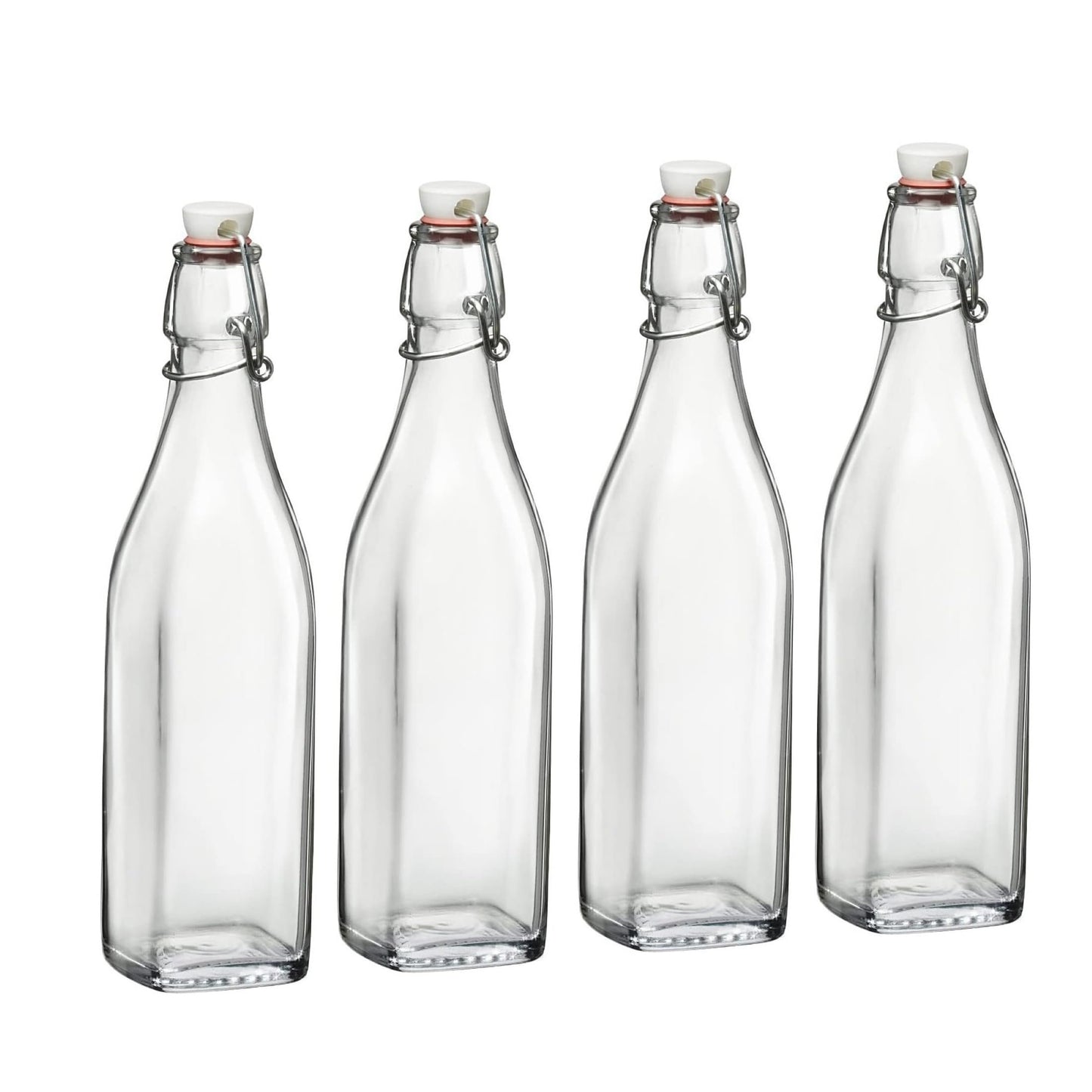 Bormioli Rocco Swing Top Glass Bottle (Set of 4) - Reusable Container with Secure Metal Clasp, Ideal for Homemade Juices, Oil Infusions, Condiments, Mixers - Everyday Drinking Glasses