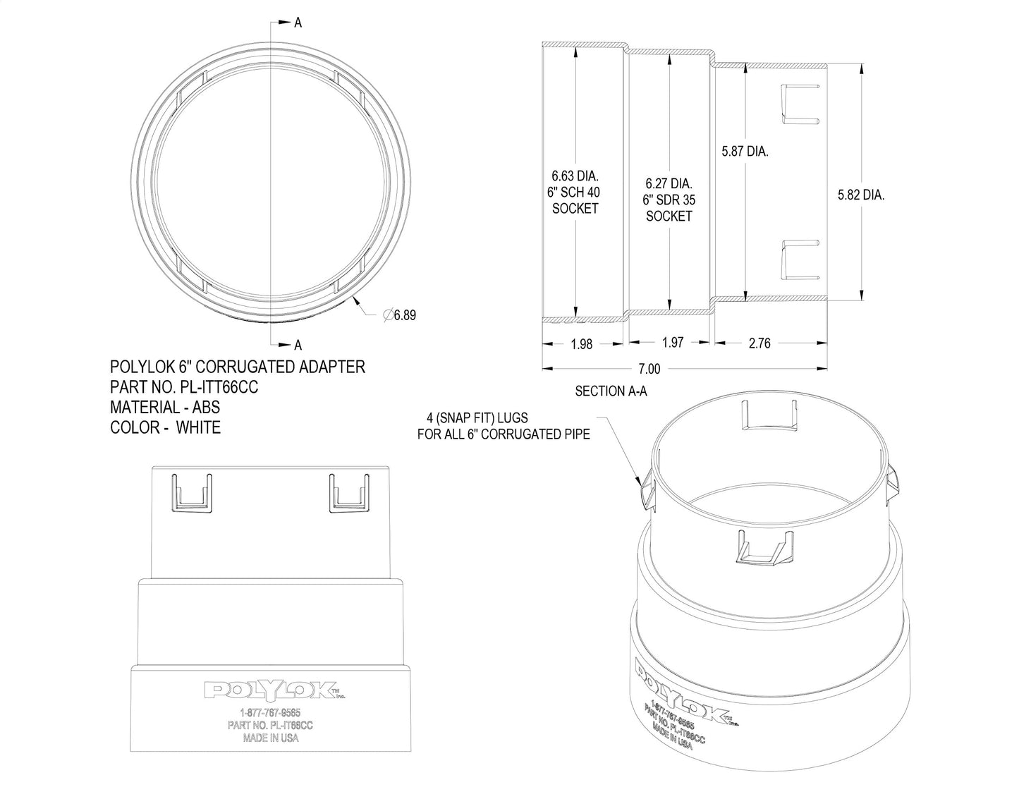 Polylok 6" Corrugated Pipe Adapter (6" corrugated to 6" SDR 35 or 6" SCH 40)