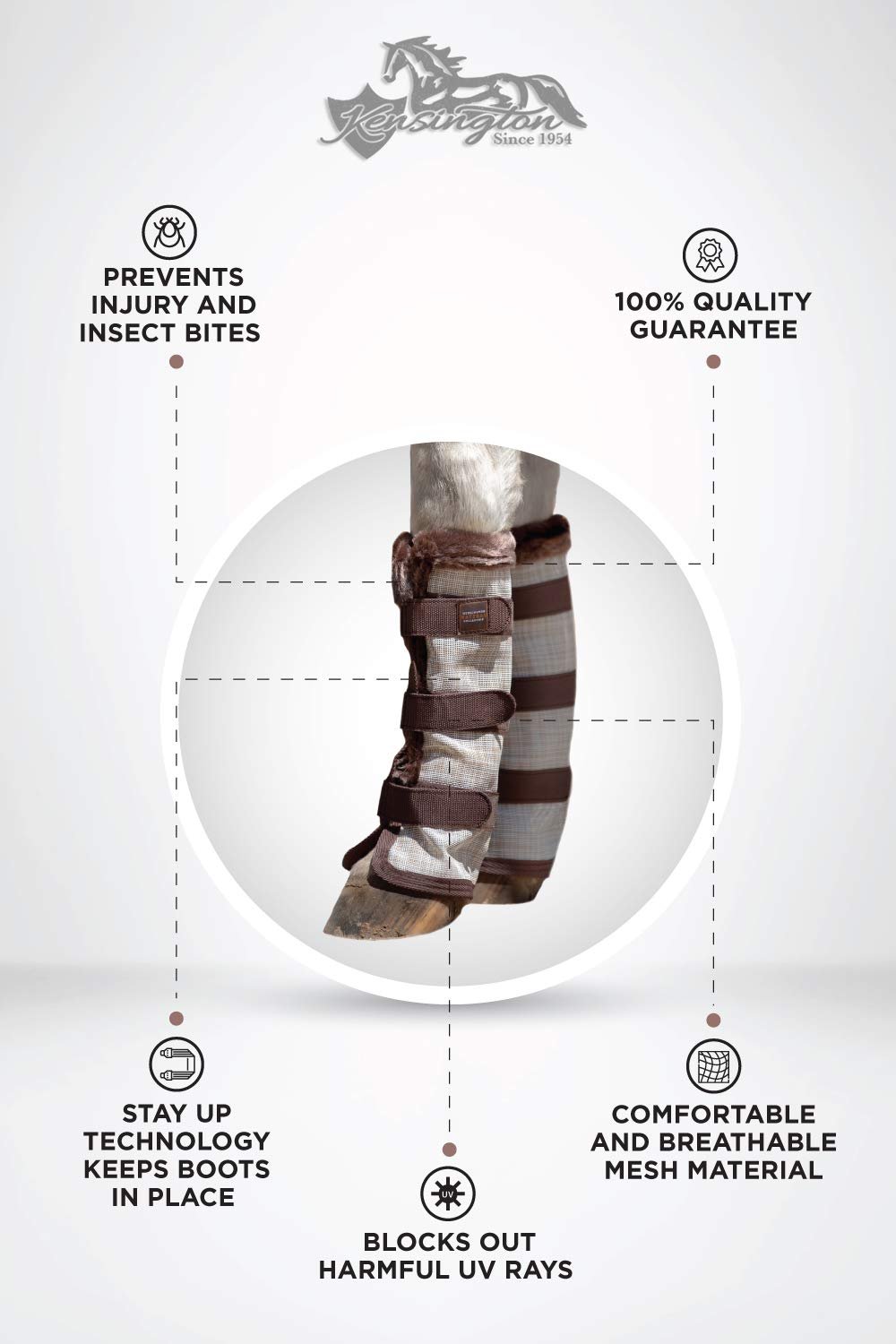 Kensington Natural Horse Fly Boots - Fleece Trimmed - Stay-Up Technology - Protection from Insect Bites and UV Rays - Sold in Pairs (2 Boots) - Medium - Tan