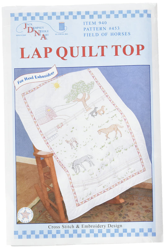 Jack Dempsey Stamped White Lap Quilt Top, 40-Inch by 60-Inch, Field of Horses