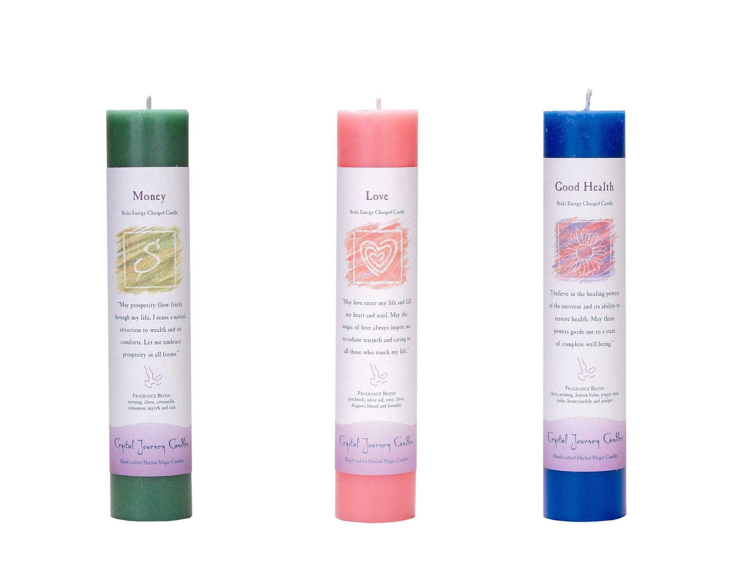 Crystal Journey Reiki Charged Herbal Magic Pillar Candle with Inspirational Labels - Bundle of 3 (Money, Love, Good Health) Each 7"x1.5" Handcrafted with Lead-Free Materials