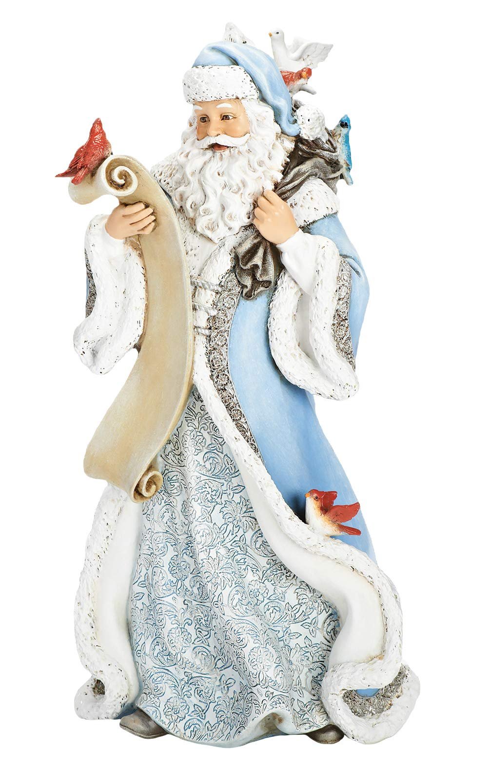 Joseph's Studio by Roman, 14" H Winter Blue Santa Holding List with Birds Figure, Tabletop Christmas Decoration