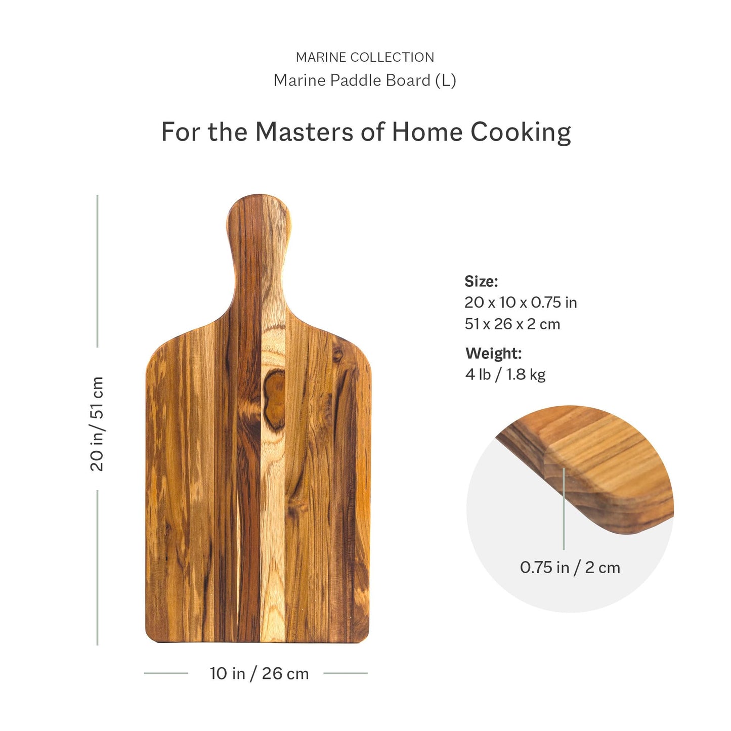 Teakhaus Marine Paddle Board with Handle - Medium Wood Cutting Board for Serving Appetizers, Cheese and Bread - Perfect Charcuterie and Tapas Board - Knife Friendly - FSC Certified