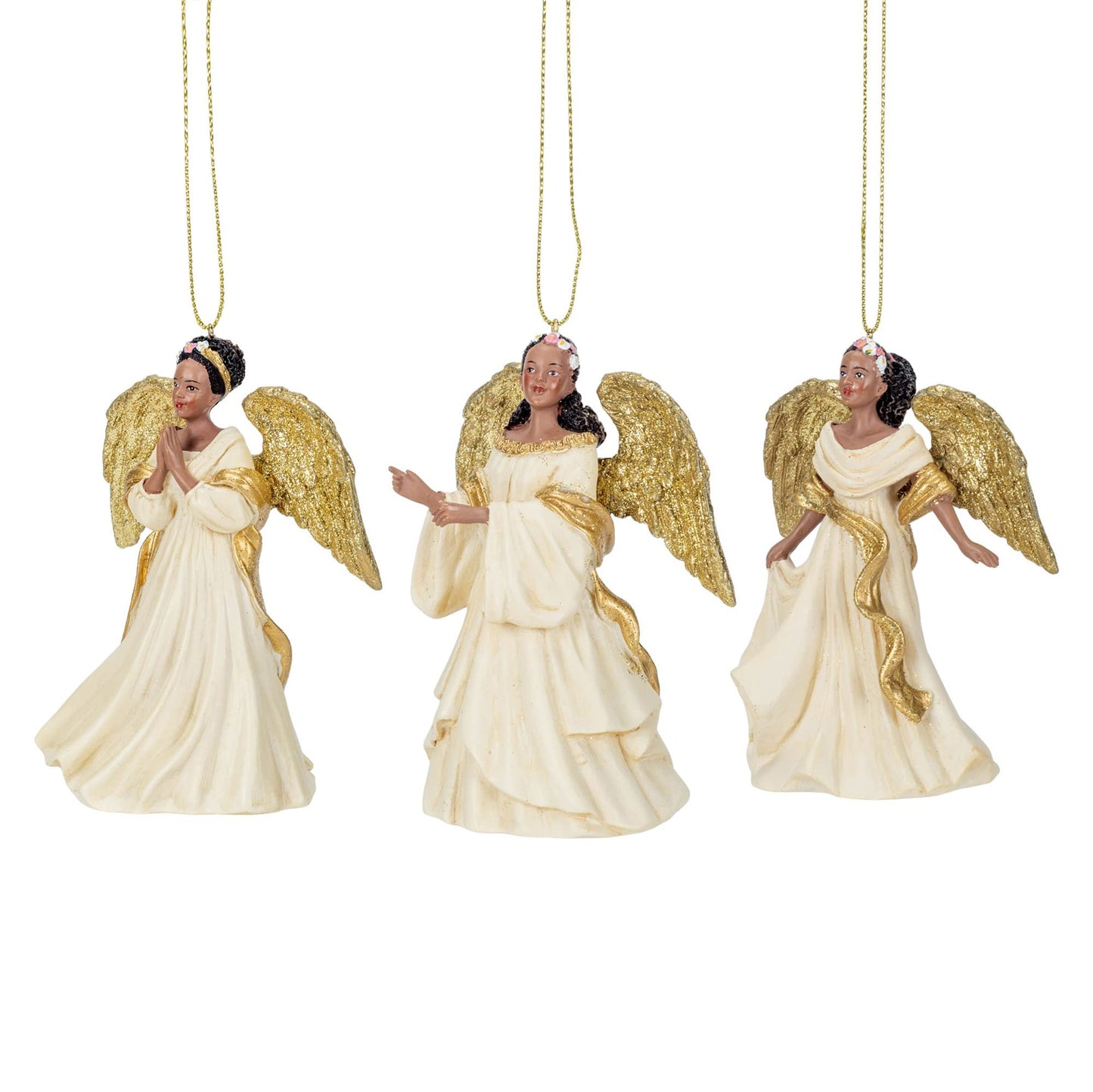 Kurt Adler IVORY AND GOLD AFRICAN AMERICAN ANGEL ORNAMENT - 3 ASSORTED