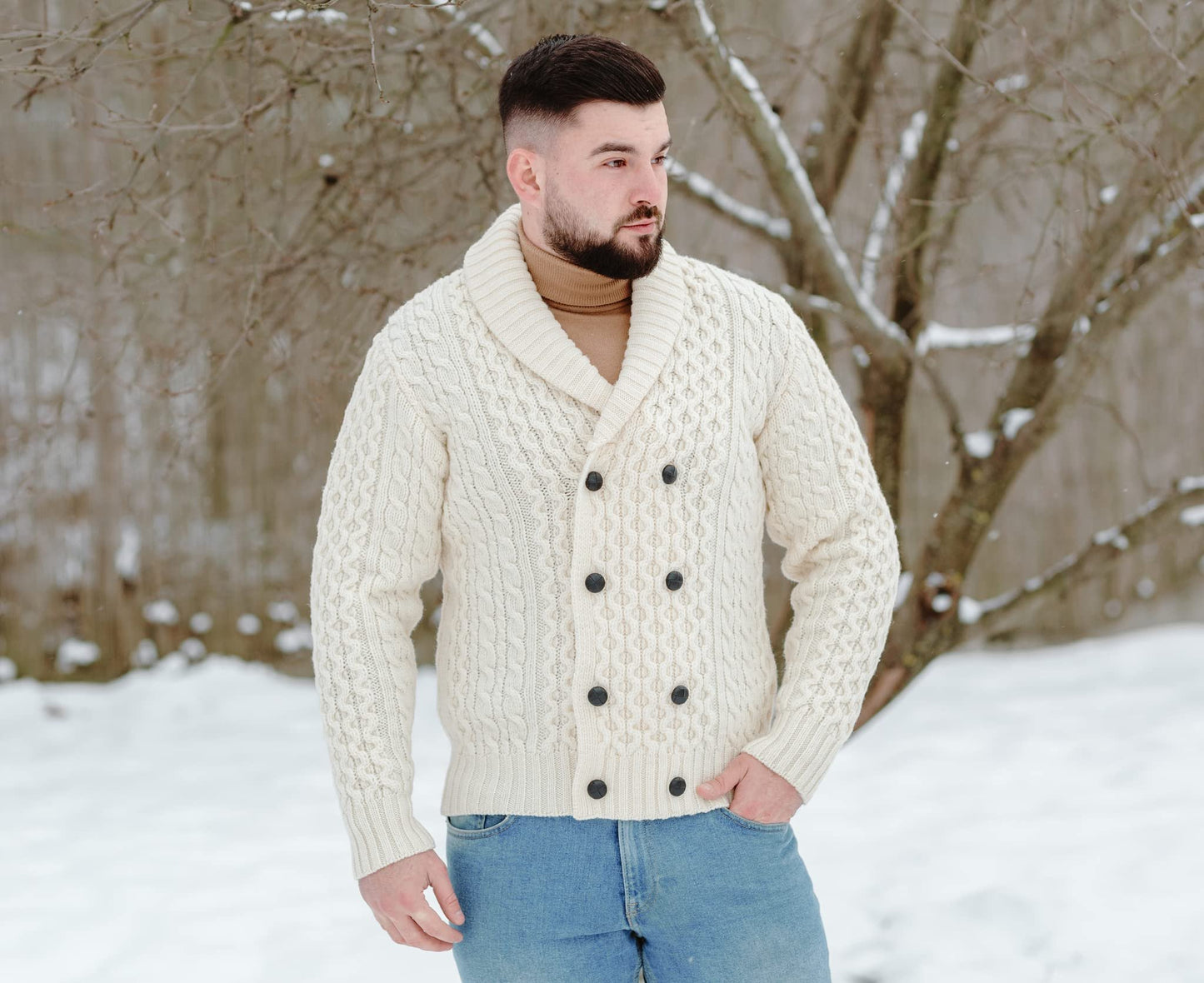 SAOL 100% Merino Wool Double Breasted Shawl Cardigan with Buttons for Men's (US, Alpha, Large, Regular, Regular, Natural)