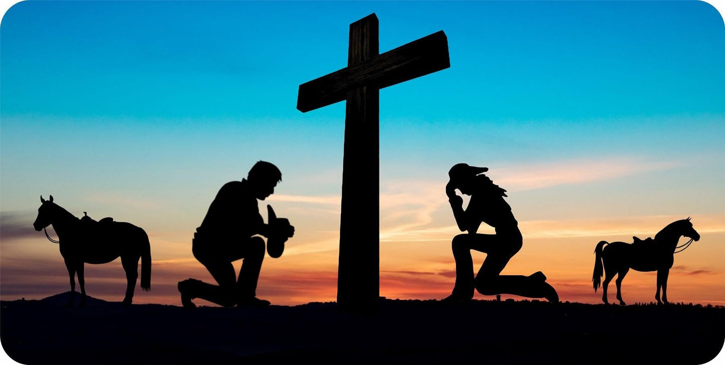 Praying Cowboy and Cowgirl at Cross Centered Photo License Plate