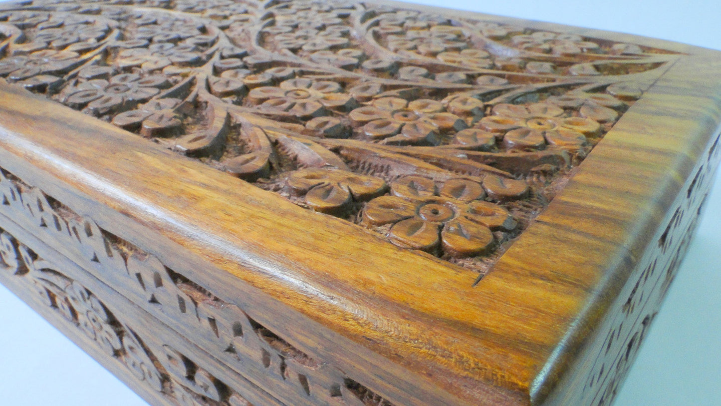 IndiaArts Wooden Box 6x10x2.5 inch, Hand Carved Flowers & Vines Design