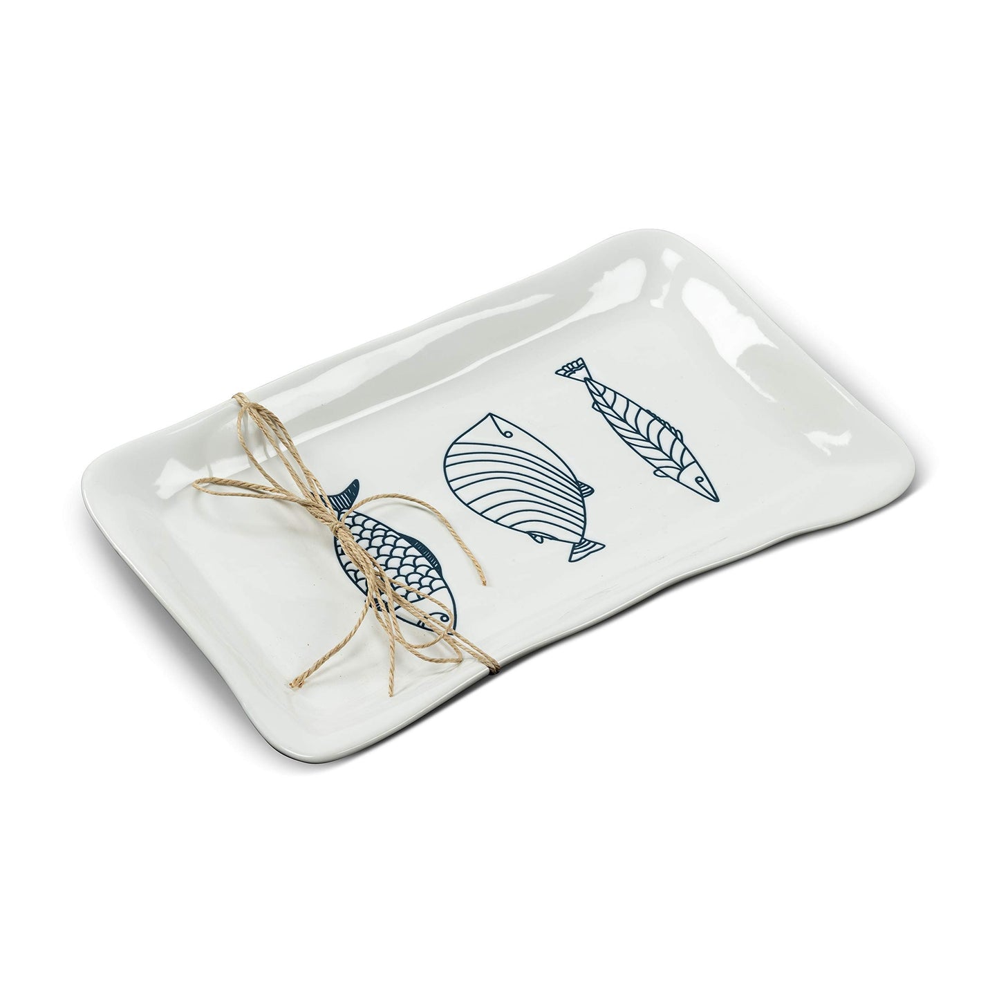 Abbott Collection 27-CORFU-690 Large Rectangle Fish Plate, 1 EA, White/Blue (12" L)