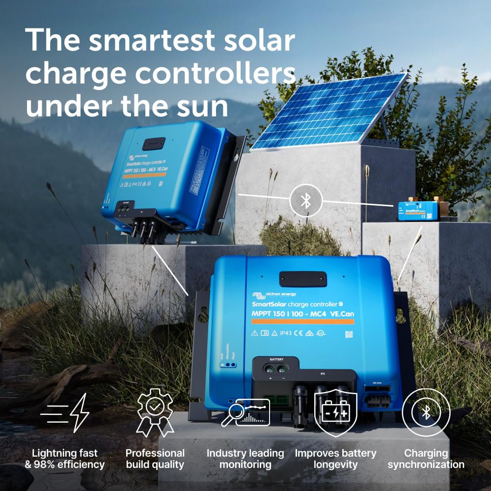 Victron Energy SmartSolar MPPT MC4 Compatible VE. Can Solar Charge Controller (Bluetooth) - Charge Controllers for Solar Panels - 12/24/36/48-Volt