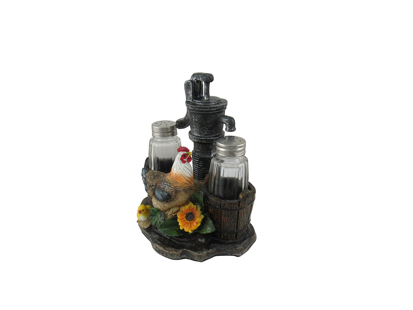 DWK Farmhouse Chicken Figurine with Vintage Water Pump Spice Holder with Refillable Salt and Pepper Shakers 3 Piece Set | Rustic Salt and Pepper Shaker - 6"