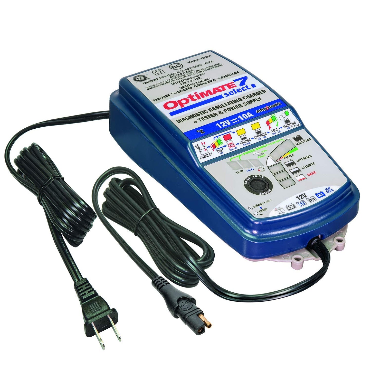 OptiMATE 7 SELECT, TM-251, 9-step 12V 10A sealed battery saving charger & maintainer