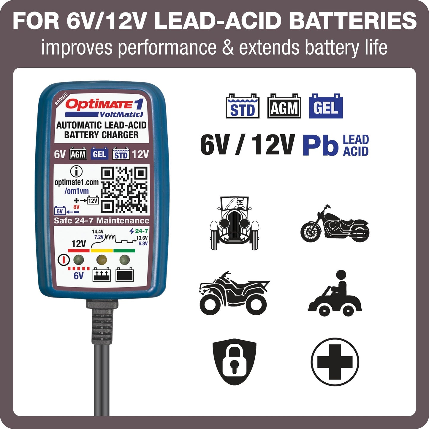 TecMATE Optimate 1 VoltMATIC, TM-401a, Bronze Series: 4-Step 6V / 12V (0.6A), Battery Charger & maintainer,Blue