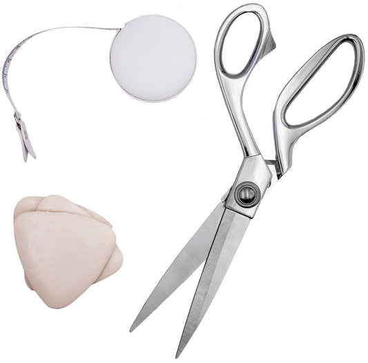 Professional Tailor 9.5” Sharp Scissors for Cutting Heavy Fabrics & Leather + Measuring Tape & Tailor’s Chalk