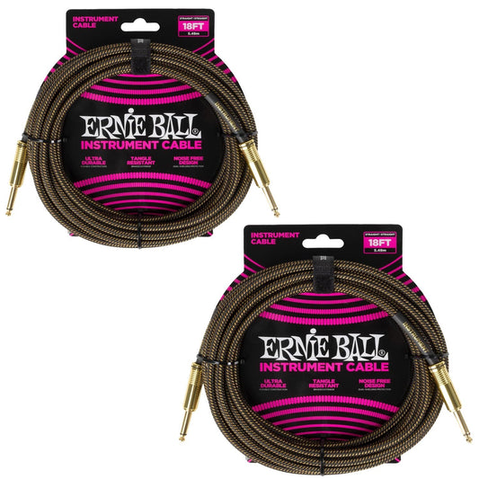 Ernie Ball Braided Instrument Cable Set Straight/Straight Length 18ft in Pay Dirt (P06432) - Pack of 2
