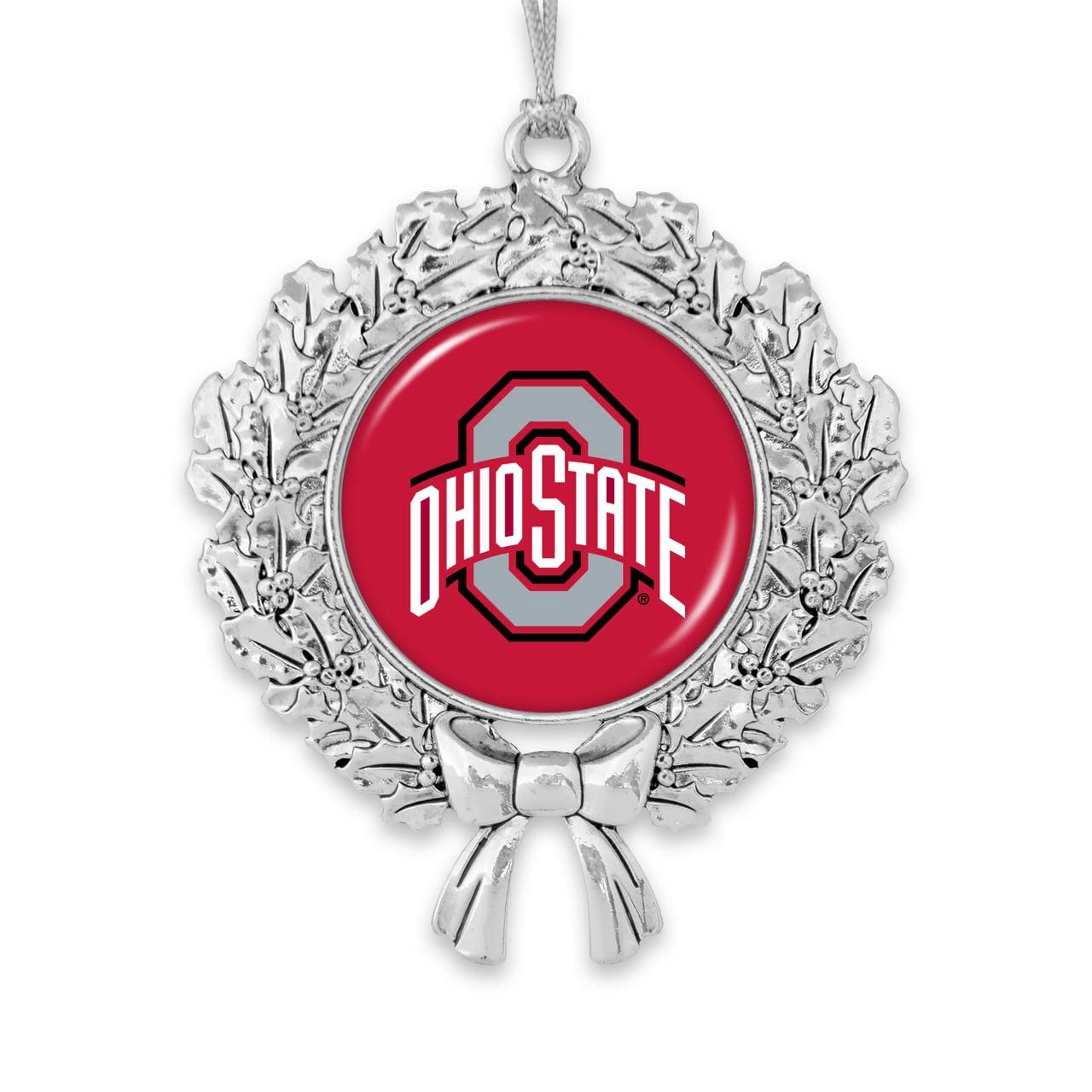 From the Heart Enterprises Ohio State Buckeyes Wreath with Team Logo Silver Metal Christmas Ornament Gift Tree Decoration OSU