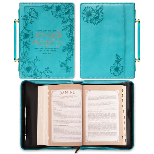 Teal Floral Fashion Bible Cover for Women She is Clothed Strength Dignity Proverbs 31 Woman Bible Case Book Cover, Faux Leather