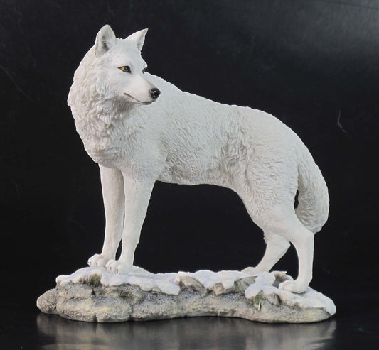 9.5 Inch Wolf on Snowy Ground Looking Back Statue Figurine, White
