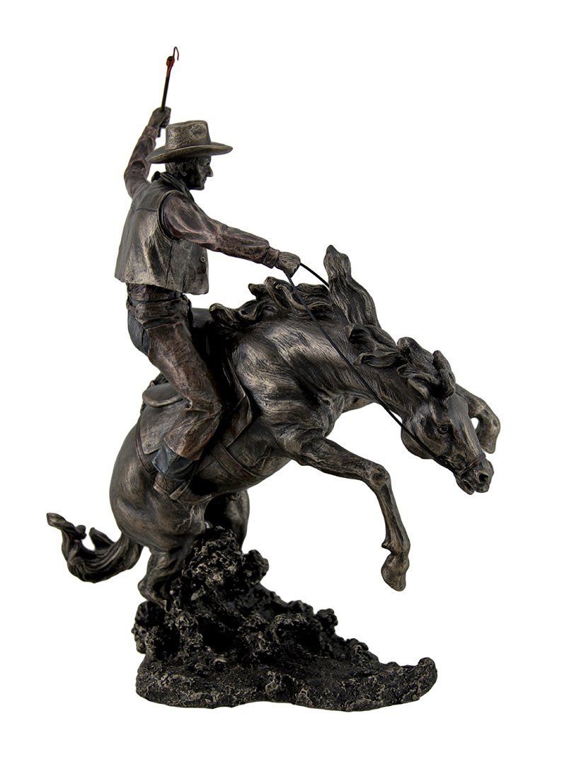 Resin Statues Bronzed Rodeo Cowboy And Bucking Bronco Statue 13 Inches Tall 9 X 15.5 X 5.5 Inches Bronze