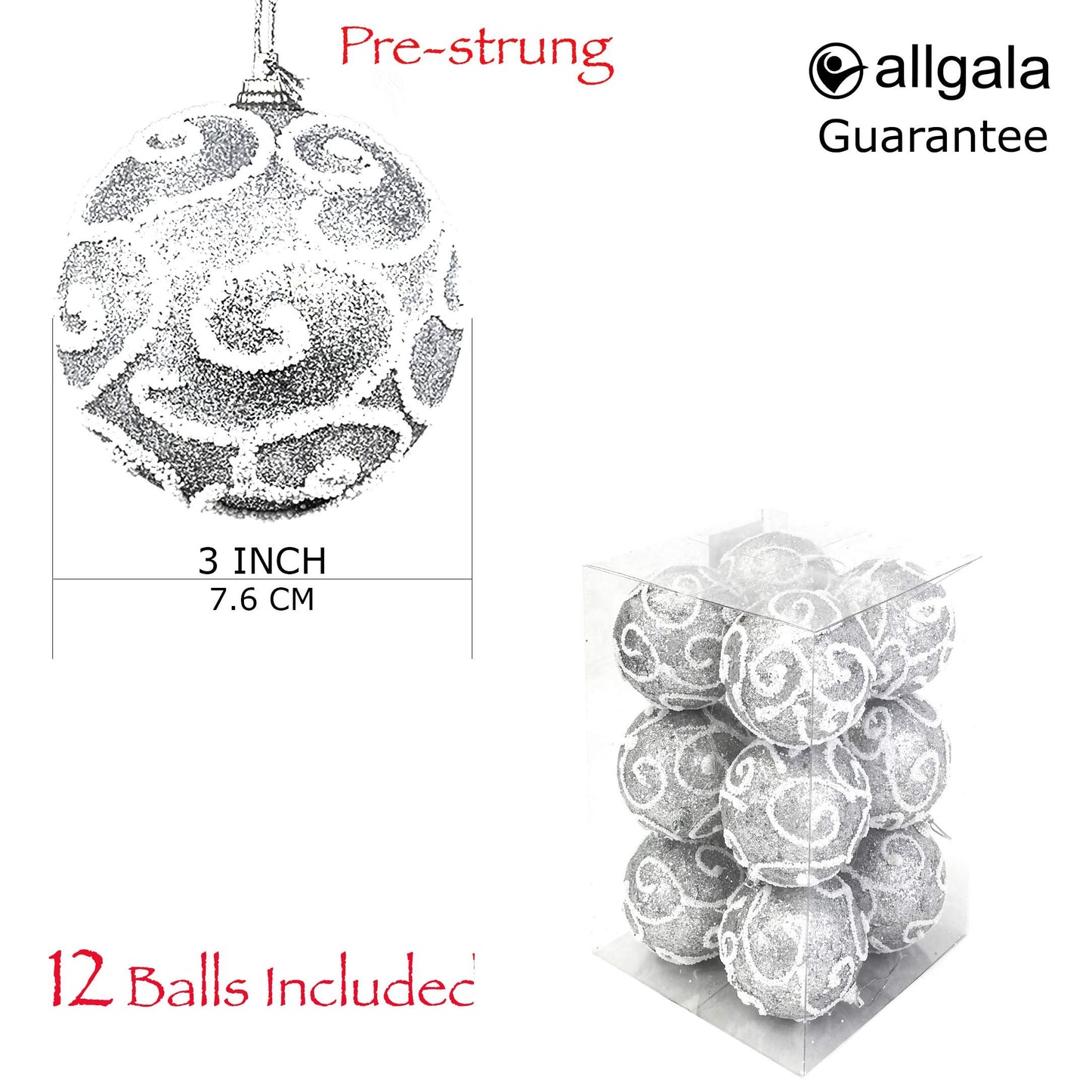 Allgala 12 Pack 3 Inch Christmas Tree Ornament Balls-Glitter Decorated Foam Large Xmas Ball-