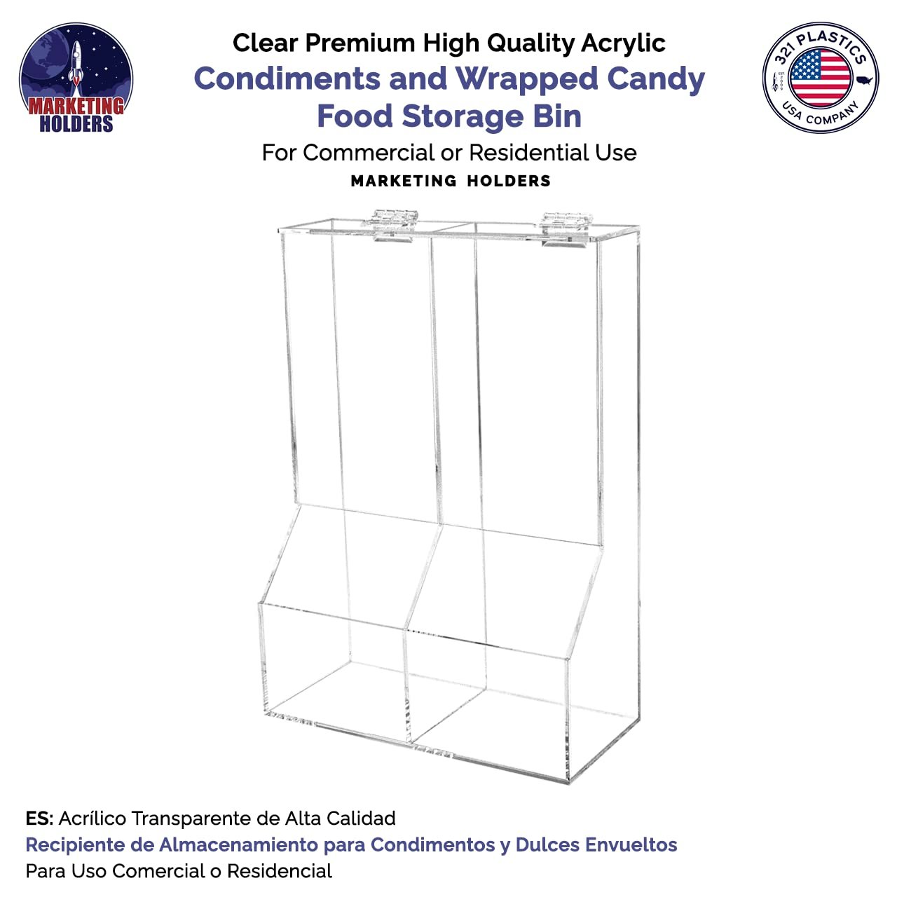 Marketing Holders Condiment Bin Double Compartment Sugar Packets and Wrapped Candy Caddy Clear Acrylic 8.5" x 12.25" Freestanding Container with Lid Retail Stores and Convenience Stores