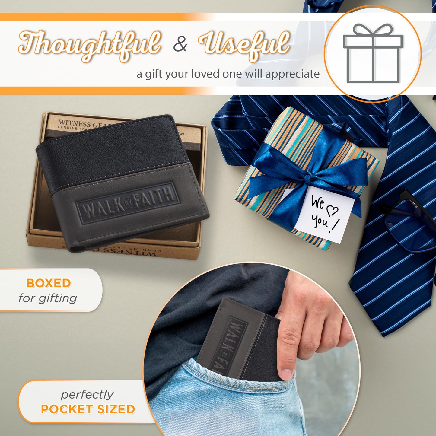 Christian Art Gifts Genuine Premium Full Grain Leather RFID Blocking Silver Engraved Cross Wallet for Men: Multi Pocket Billfold w/Removable ID Window Accessory for Credit Cards, Bills, Photos, Black