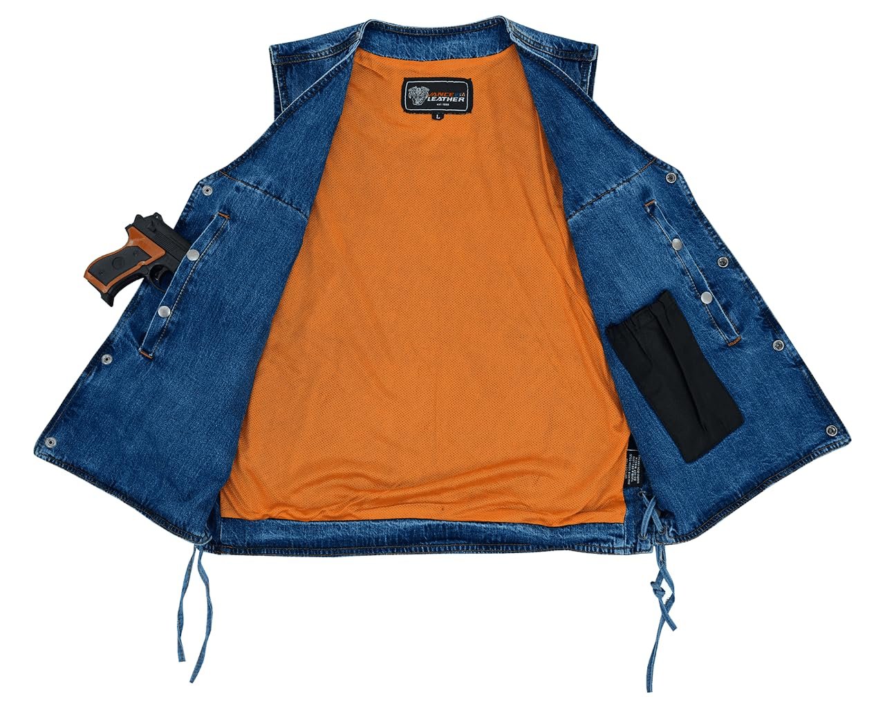 Vance Men's V-Neck Denim Vest for Motorcycle Riders with Conceal Carry Pockets