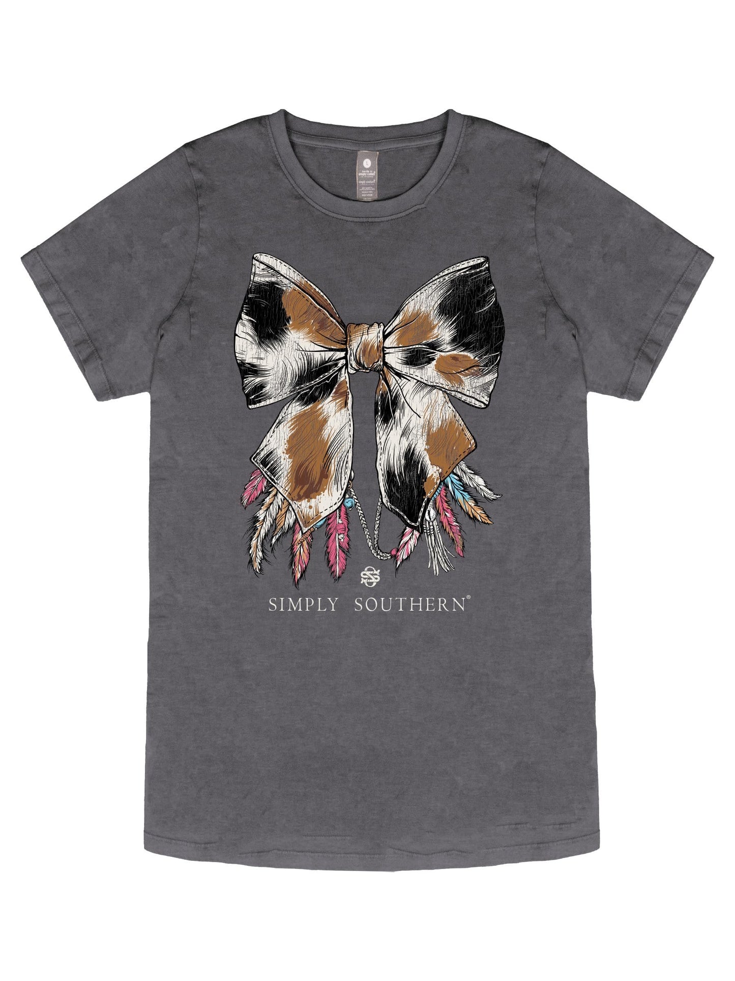 Simply Southern Cow Print Bow with Feathers, Adult T-Shirt