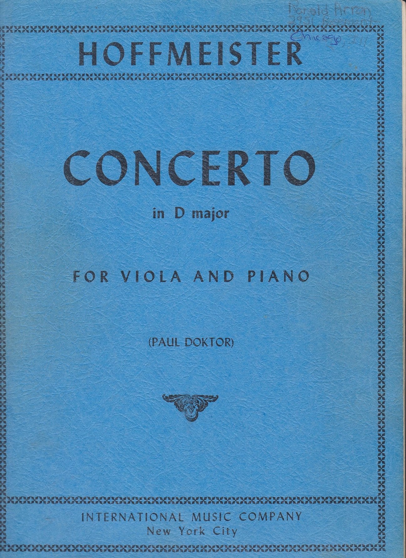 Hoffmeister, Franz Anton - Concerto in D Major - Viola and Piano - by Paul Doktor - International