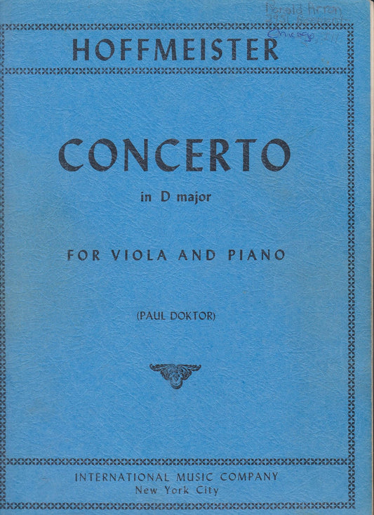 Hoffmeister, Franz Anton - Concerto in D Major - Viola and Piano - by Paul Doktor - International