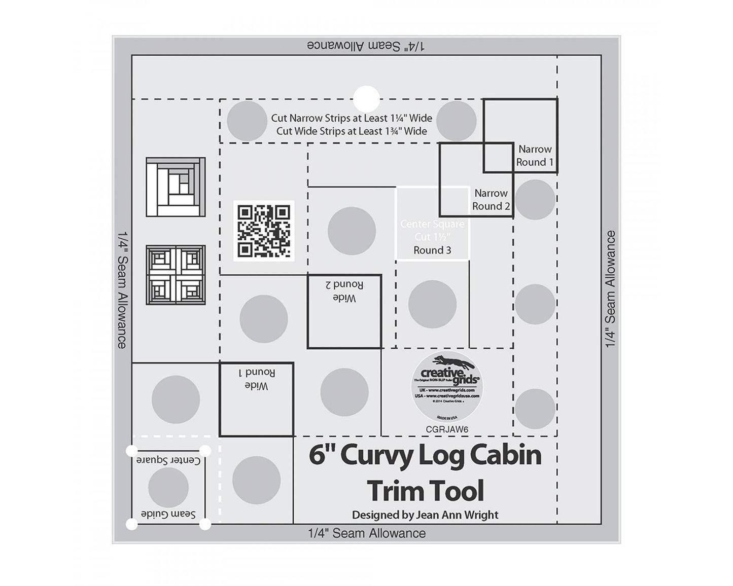 Bundle of Creative Grids Curvy Log Cabin Trim Tool 6in Finished Blocks and Cut Loose Press Rainbow Swirls Curvy Log Cabin Quilt Pattern