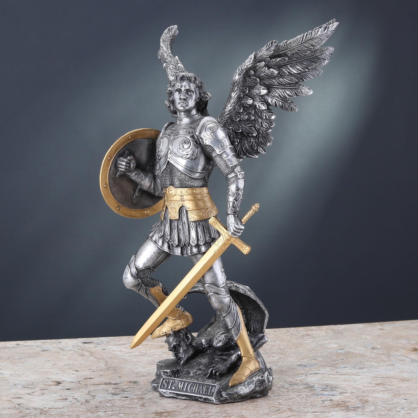 VERONESE 12 3/4 Inch Archangel Saint Michael Cold Cast Resin Statue Pewter Finish Religious Sculpture