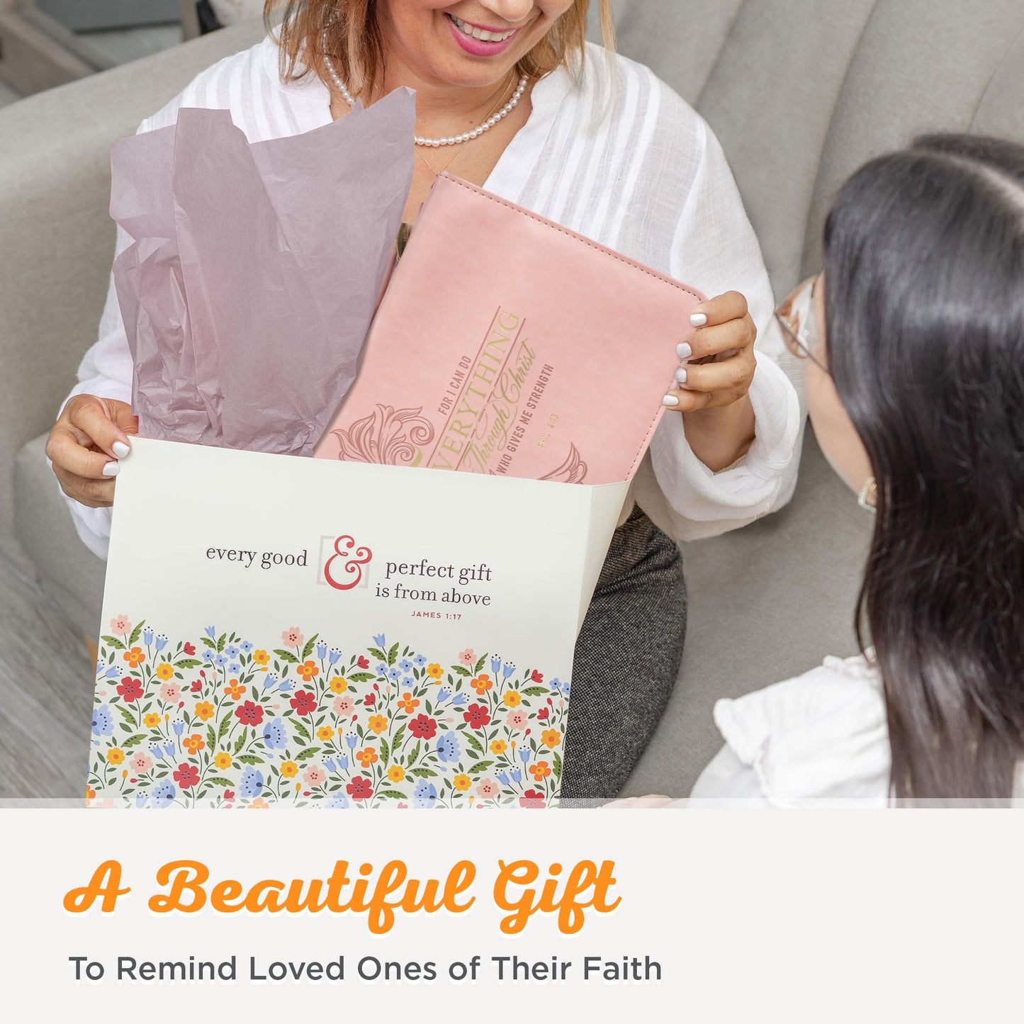 Christian Art Gifts Pink & Gold Floral Faux Leather Fashion Bible Cover for Women: Everything Through Christ - Phil. 4:13 Inspirational Scripture w/Sleeves, Pocket, Pen Loops to Organize, Pink