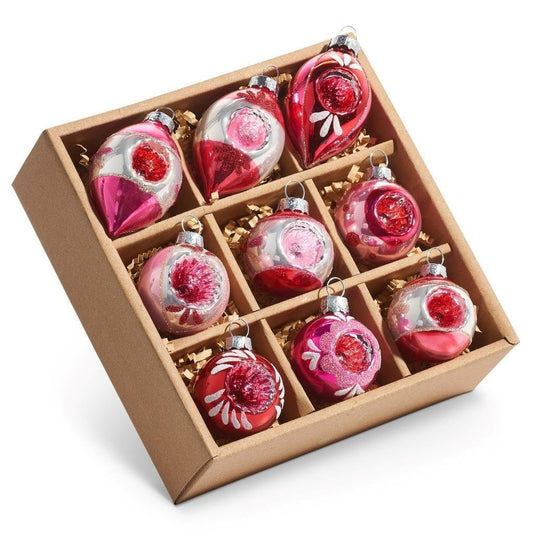 RAZ Imports Box of Vintage Reflector Ornaments, 2.75-inch Length, Pink, Glass, Set of 9, Christmas, Home Decor