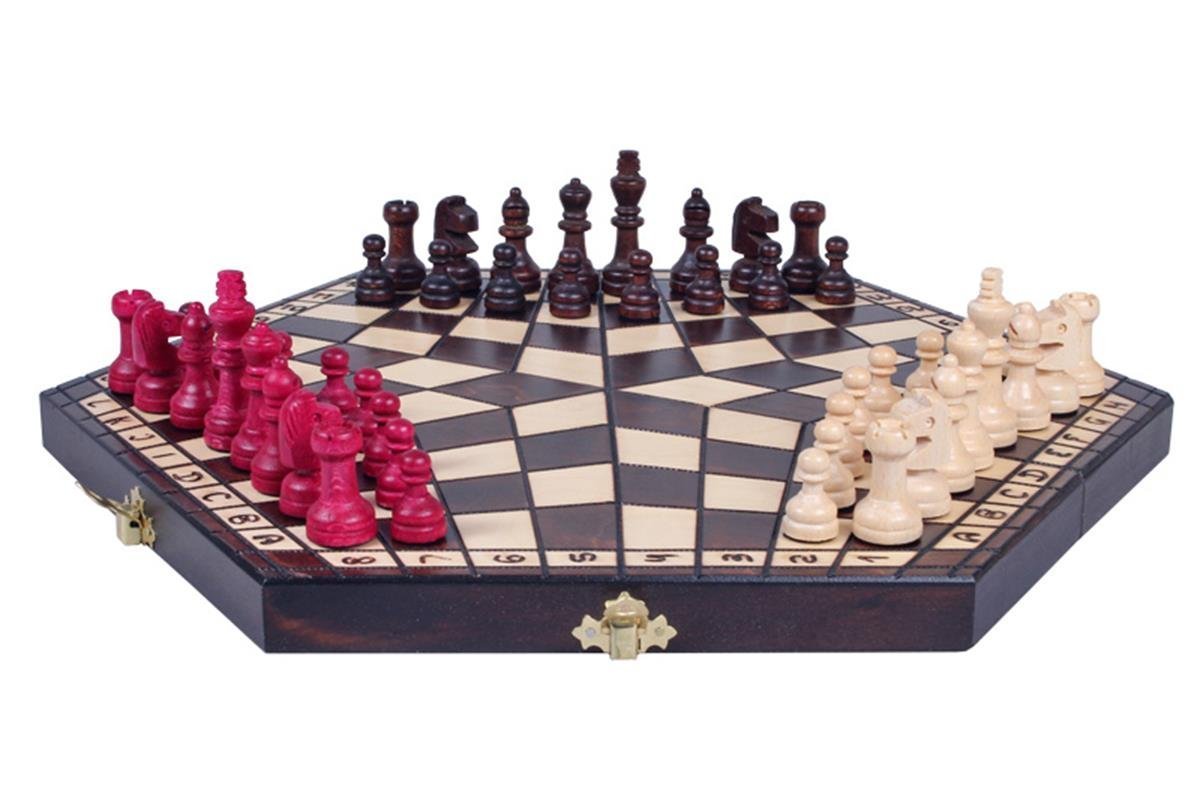 Medium 3 Player Chess Set - 40cm Hexagonal Board with Edge Numbers, Brown, White and red Pieces