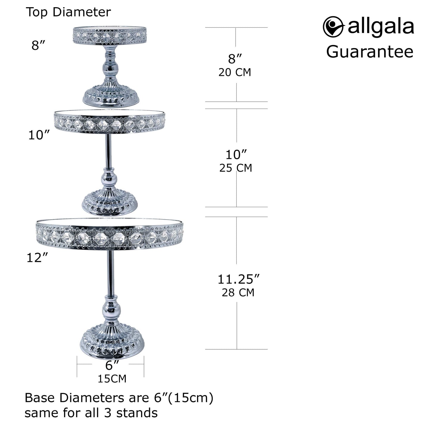 Allgala 3 Piece Set Crystal Gold Plated Dessert Cheese Cupcake Cake Stand with Mirror Plate