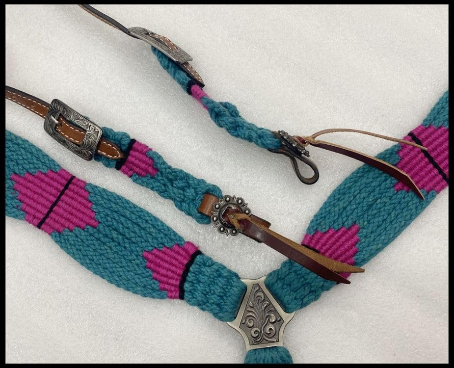 Showman Pink & Teal Corded Single Ear Headstall & Breast Collar Set