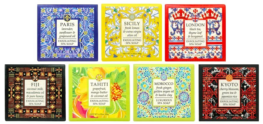 Greenwich Bay Destination Exfoliating Spa Soaps 7 Piece Set of 6.35 Ounce Bars - Travel to London, Kyoto, Tahiti, Paris, Fiji, Morocco, and Sicily without leaving your home
