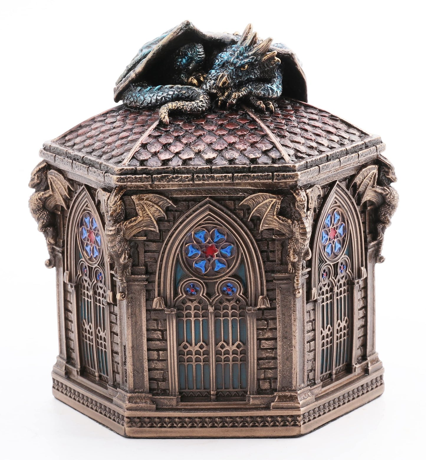 Veronese Design 4 7/8 Inch Resting Cathedral Dragon Hexagon Trinket Box Cold Cast Resin Bronze Finish