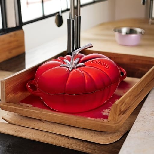 STAUB Cast Iron Dutch Oven 3-qt Tomato Cocotte, Made in France, Serves 2-3, Cherry