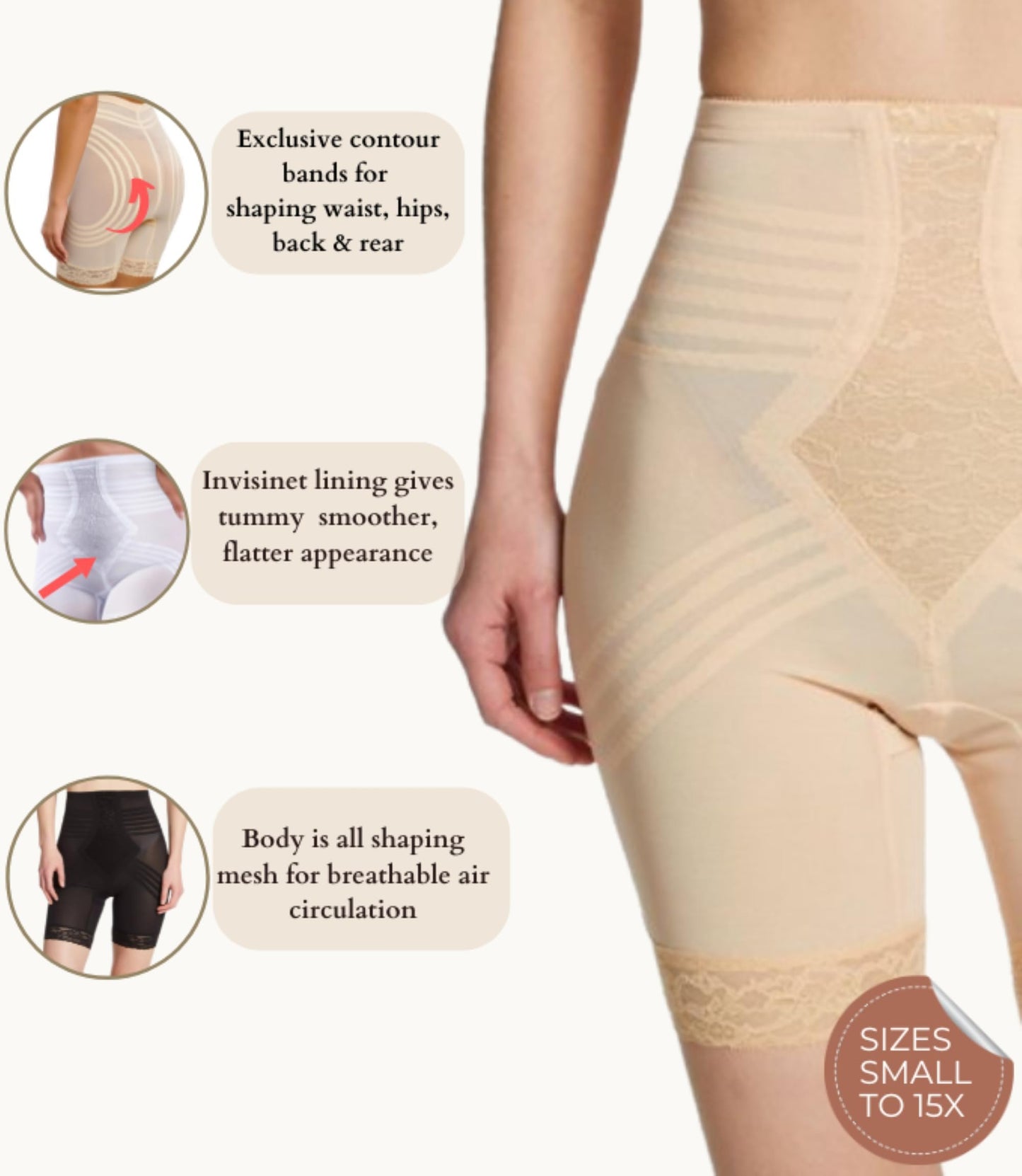 6209 High Waist Thigh Shaper | Size Sm - 15X | Made in USA | Flex Fit | No Top Roll | Firm - Extra Firm Tummy-Thigh Control