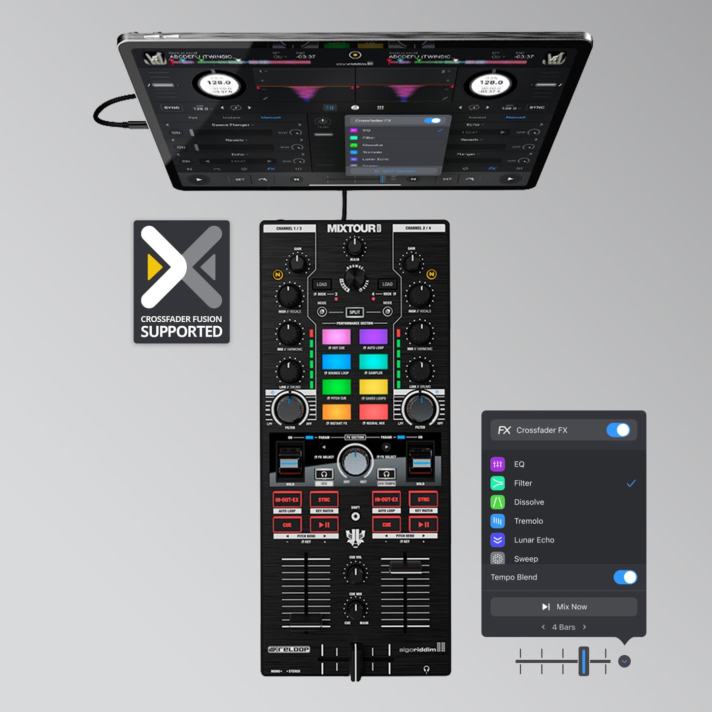 Reloop Mixtour Pro High-quality, ultra-portable, all-in-one four-deck DJ controller with audio interface