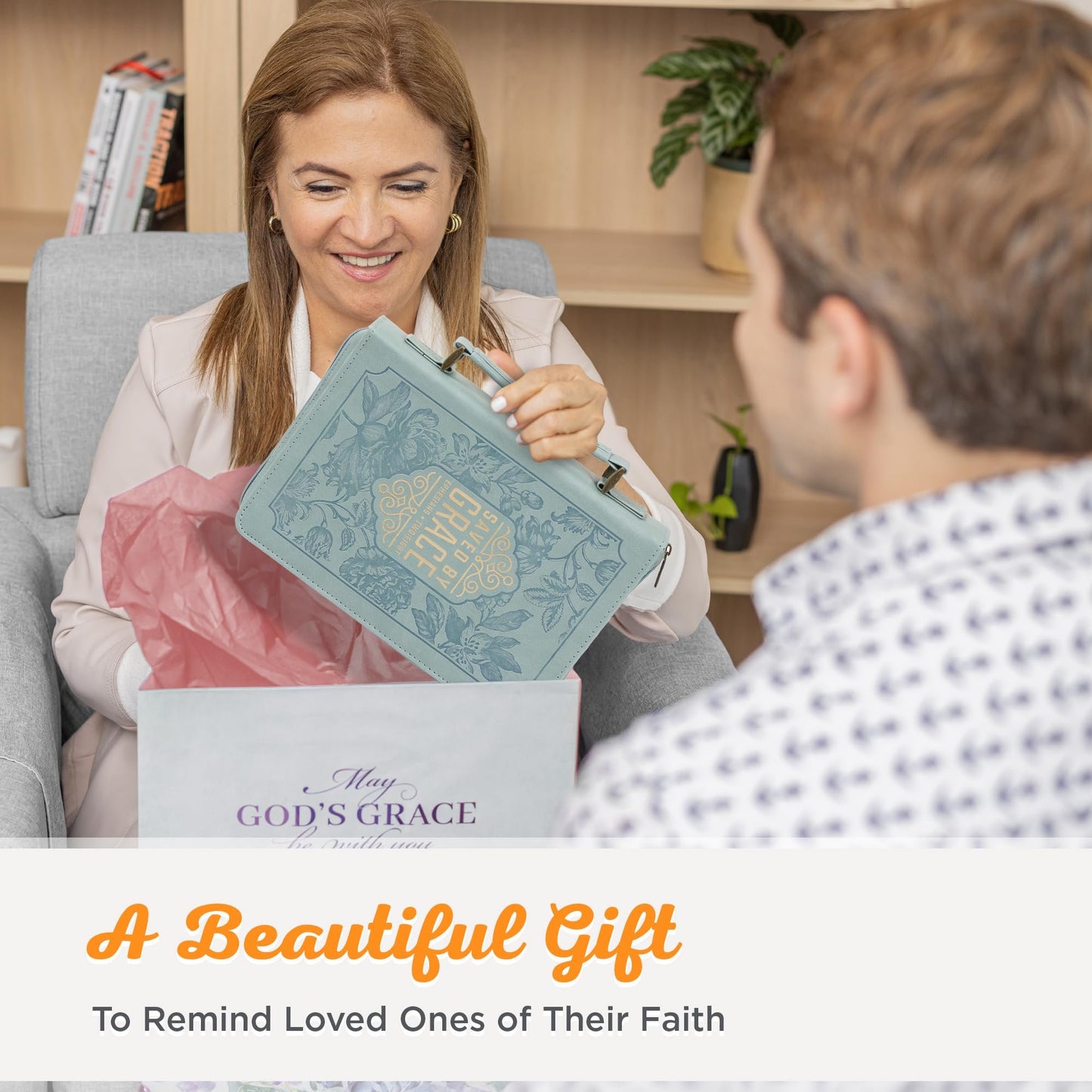 Christian Art Gifts Fashion Vegan Leather Bible Cover for Women: Saved by Grace Inspirational Bible Verse, Debossed Floral & Gold, Cute Sturdy Easy Carry Book Case Accessory, Pen Loops, Pockets, Teal