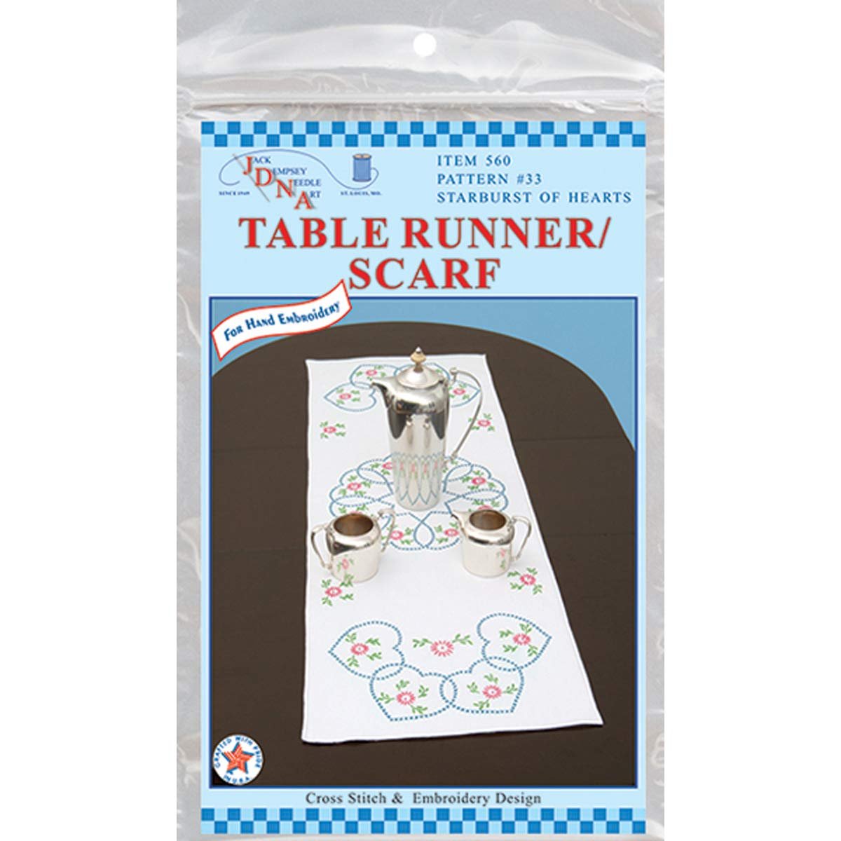 Jack Dempsey Stamped Table Runner/Scarf, 15 by 42-Inch, Starburst of Hearts