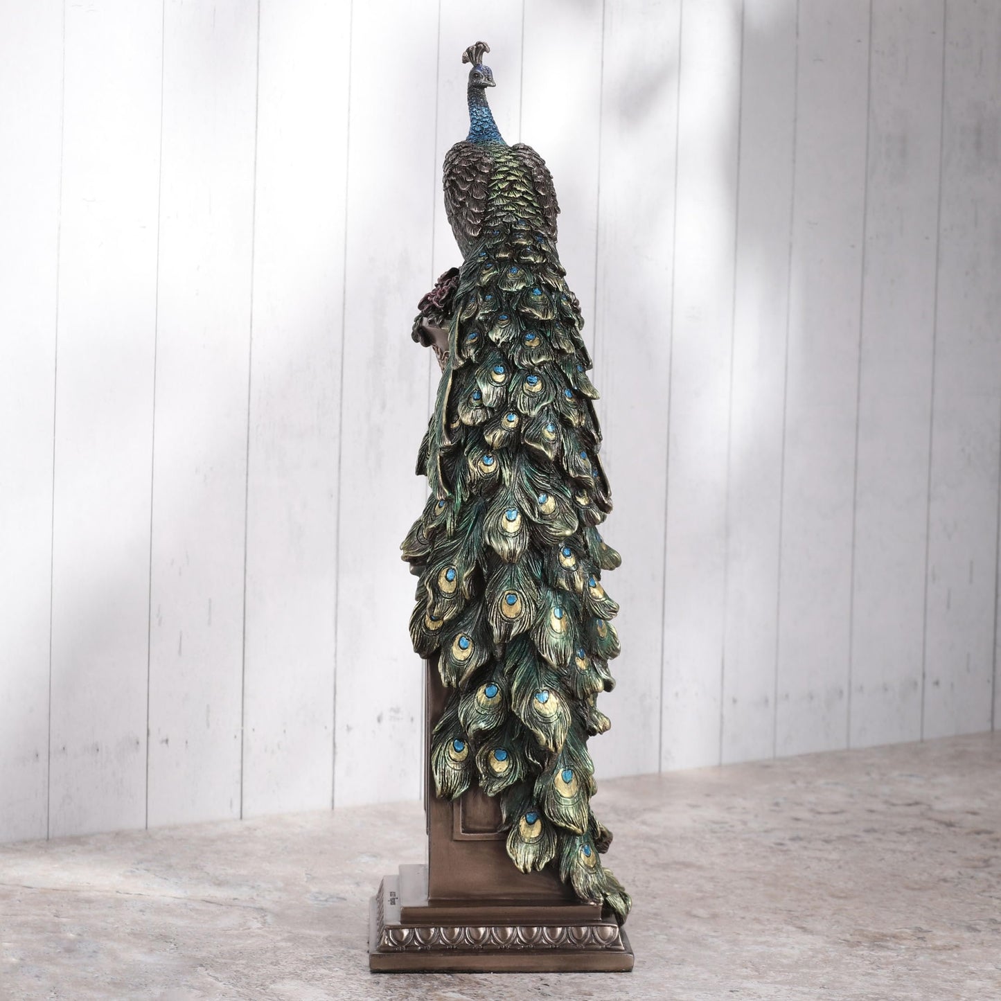 Veronese Design 13 5/8 Inch Peacock Perching On Column Vase Cold Cast Resin Bronze Finish Sculpture Animal Home Decor Statue
